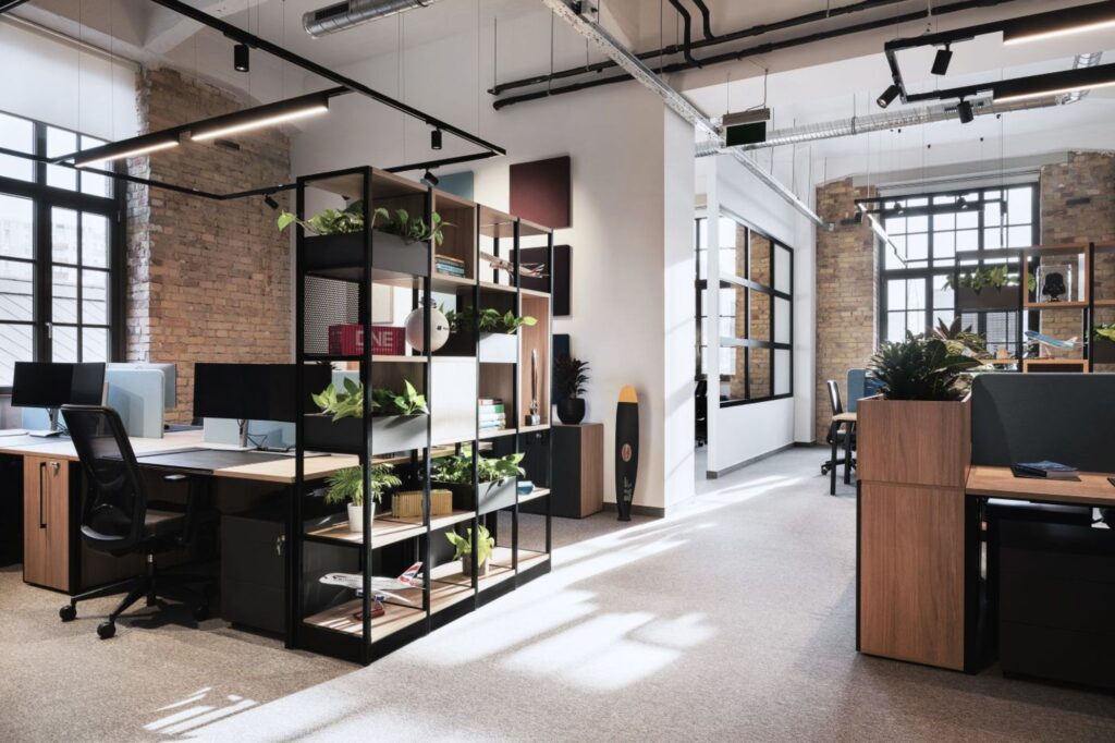 Blancargo iroda, térelválasztó polcok, Narbutas mobiliák, ipari stílus