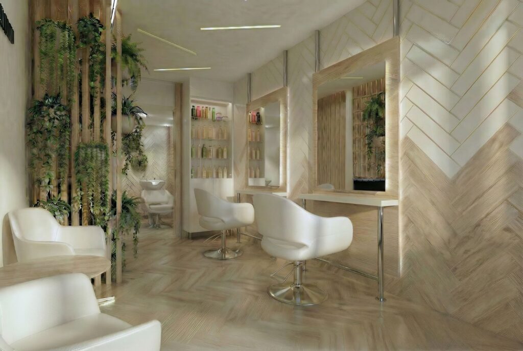 Fodrászat berendezési terv, látványterv, természetes hatás