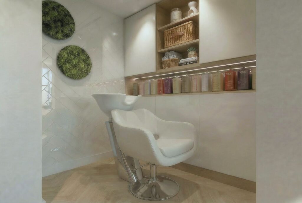 Fodrászat berendezési terv, látványterv, természetes hatás, egyedi bútor, fejmosó rész