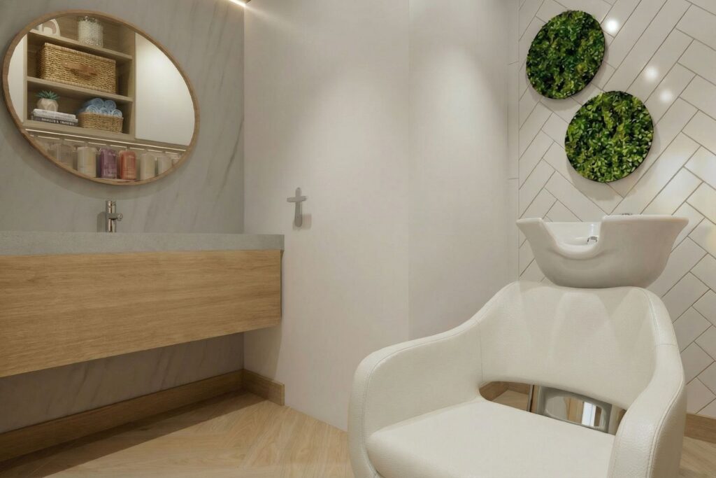 Fodrászat berendezési terv, látványterv, természetes hatás, egyedi bútor, fejmosó rész, mosdórész