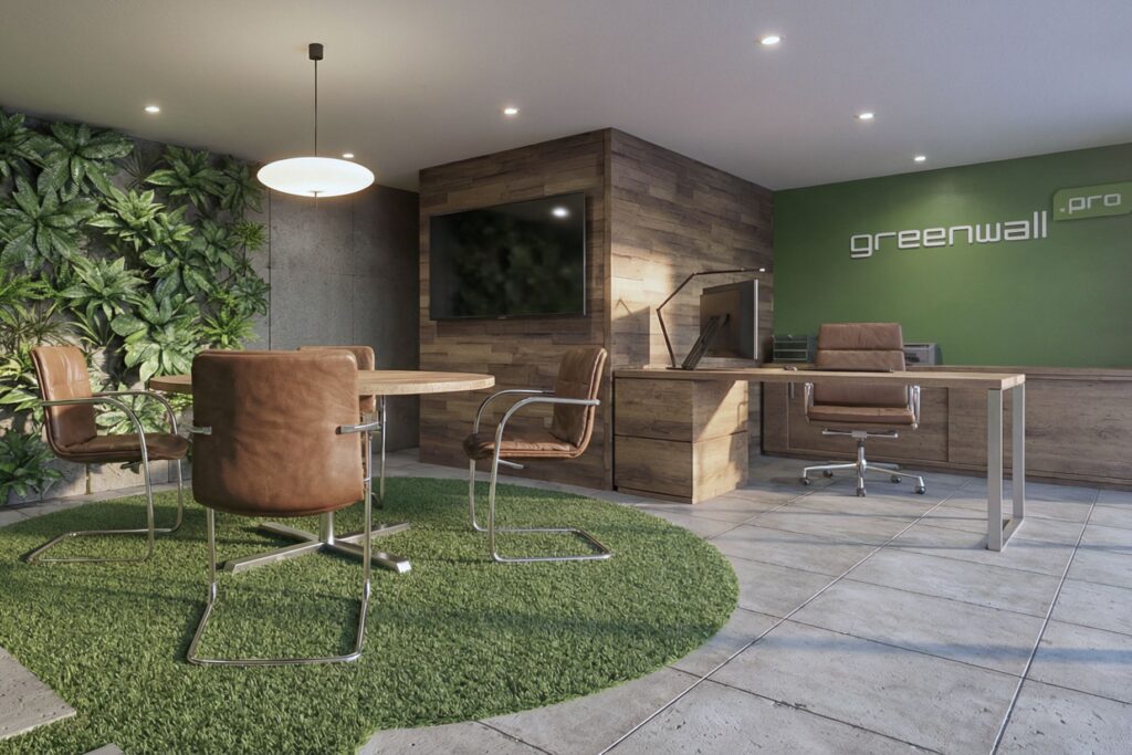 Egy személyes iroda-tárgyaló-bemutatóterem, növényfal