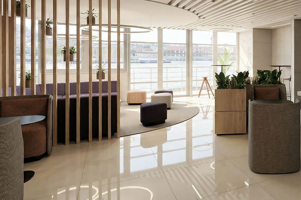 Klassis iroda, alkusz cég, open office space, Narbutas Nova recepciós pult, Narbutas phonebox szövet panelek, akusztikus falburkolat, közösségi rész, Kinnarps Fields fotelek