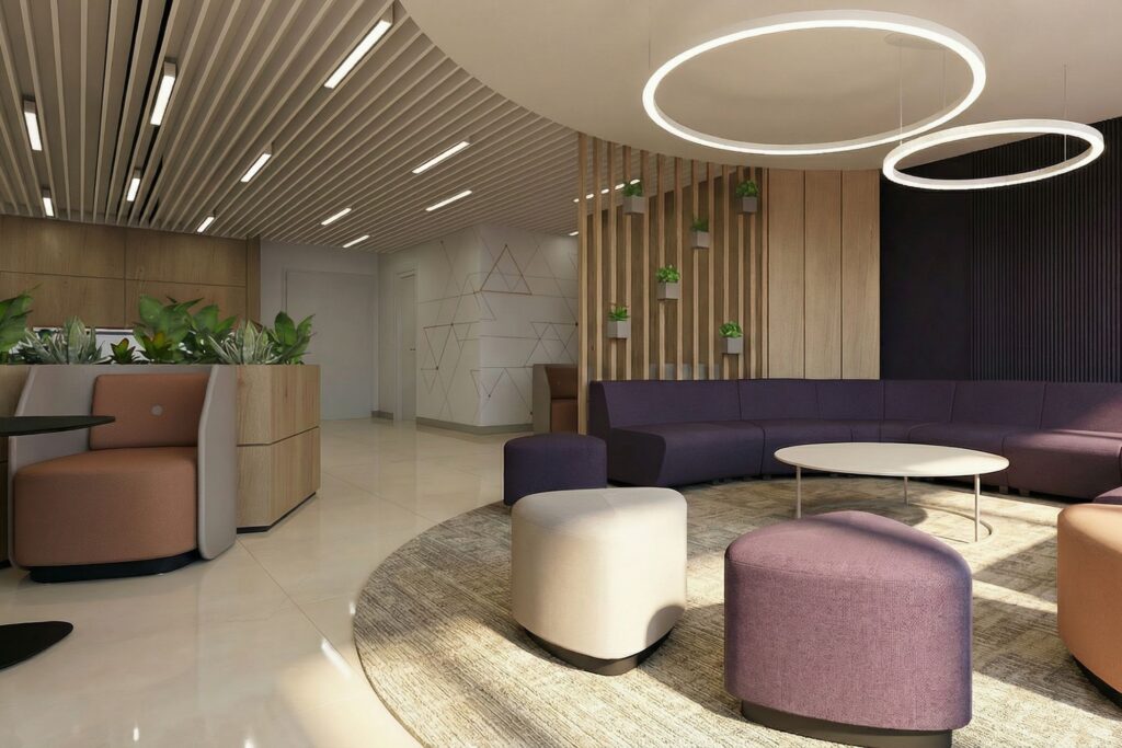 Klassis iroda, egyterű iroda, közösségi rész, Narbutas bútor, Kinnarpf Fields fotel, Narbutas magas szék,, szövet falburkolat