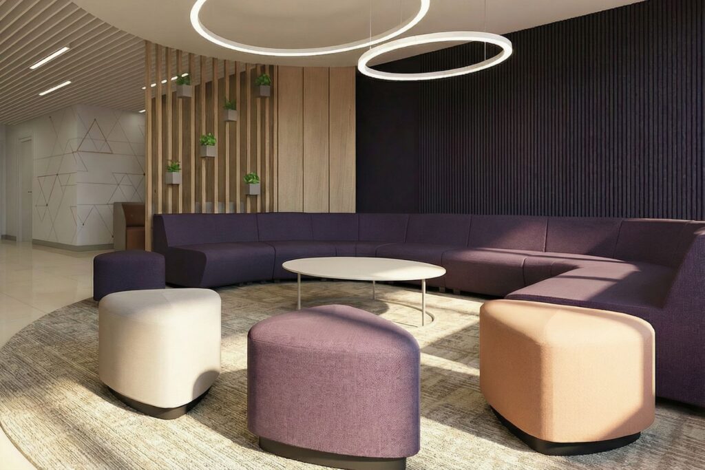 Klassis iroda, alkusz cég, egyterű iroda, közösségi rész, Narbutas bútor, Kinnarpf Fields fotel, Narbutas magas szék,, szövet falburkolat