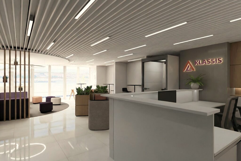 Klassis iroda, alkusz cég, open office space, Narbutas Nova recepciós pult, Narbutas phonebox szövet panelek, akusztikus falburkolat