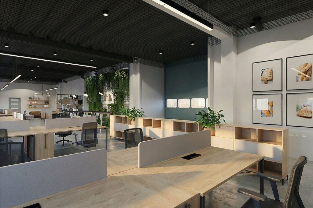 Péküzem, ipari stílus, akusztikus asztali panelek, open office