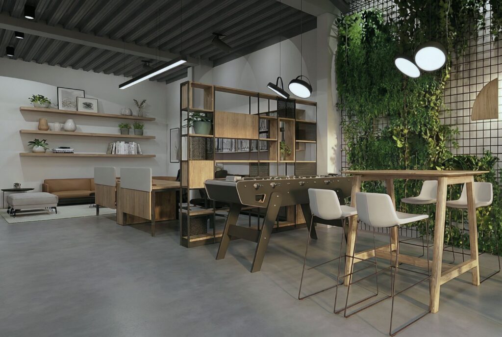 Péküzem irodatér, közösségi tér, bárasztal, pihenőrész, csocsóasztal, open office