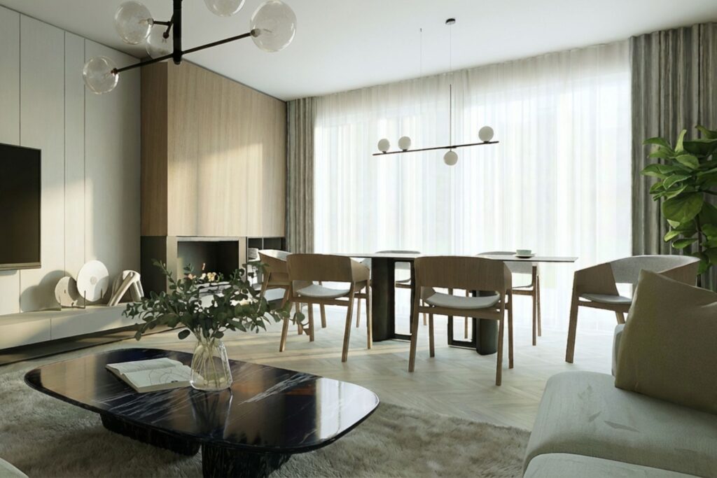 magánlakás, ház tervezése, lakberendezés, bézs nappali, elegáns nappali-étkező, falburkolat, kandalló