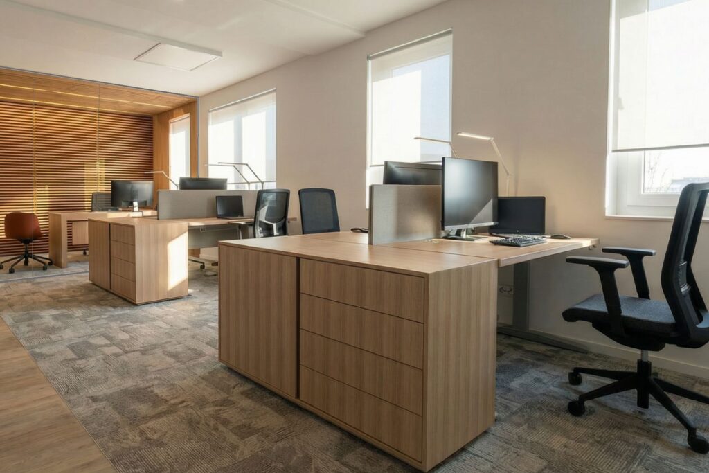 Irodatér, munkaassztalok, irodai tárolószekrények, üvegfallal leválasztott vezetői szobe, koncepcióterv