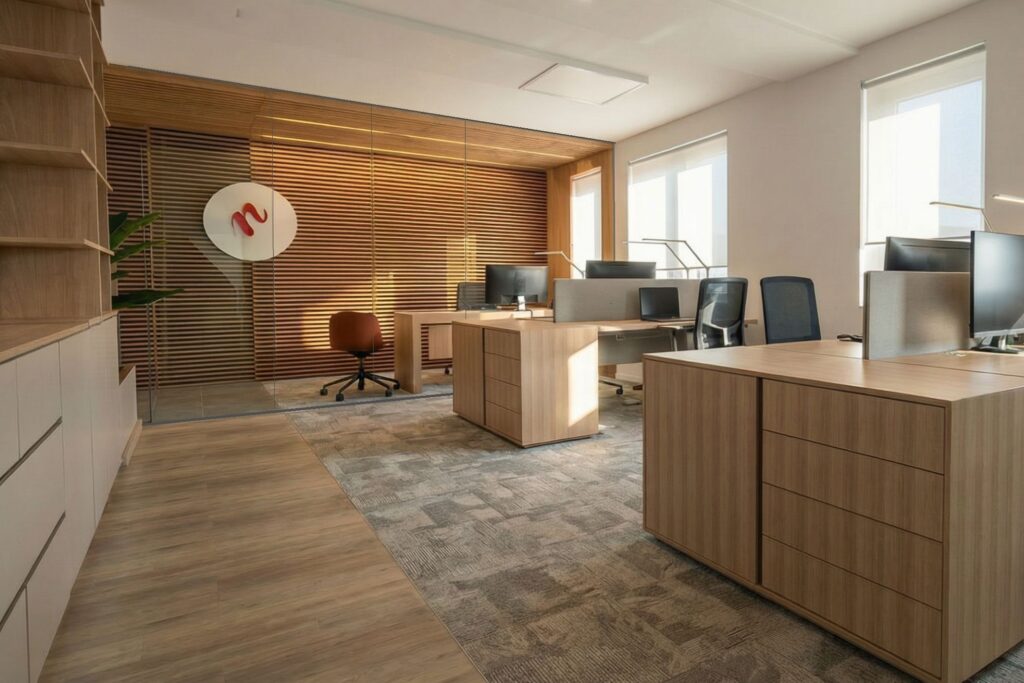 Irodatér, munkaassztalok, irodai tárolószekrények, üvegfallal leválasztott vezetői szobe, koncepcióterv