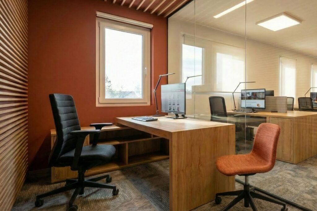 Üvegfallal leválasztott vezetői szoba, koncepcióterv