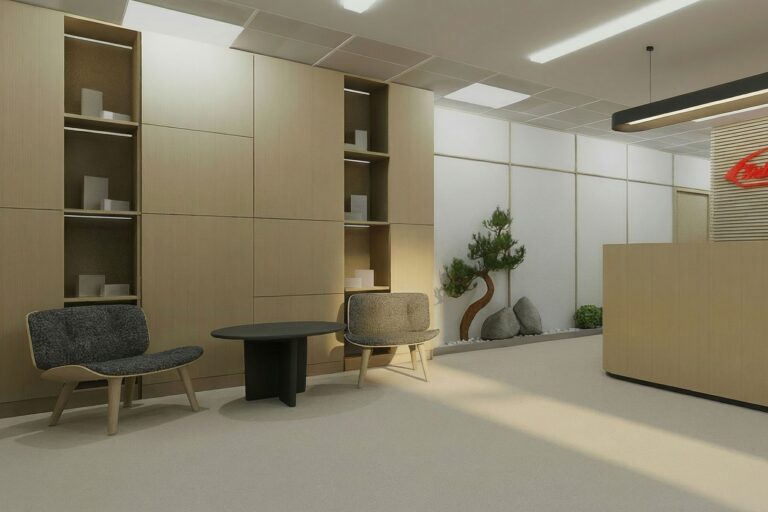 Gyógyszergyártó cég előtér, japandi stílus, egyedi recepciós pult, furnérozott pult,, előtér, egyedi szekrény, irodabútor, soft seating