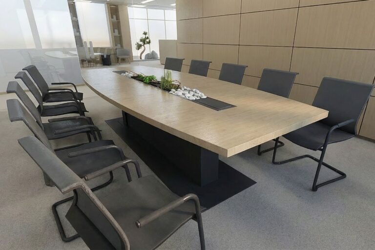 Gyógyszergyártó cég tárgyaló, egyedi tárgyalóasztal, fa falburkolat, japandi stílus